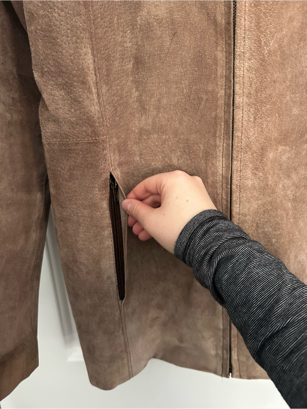 Tan Taupe Genuine Suede Zip Up Leather Jacket - Picture 3 of 8